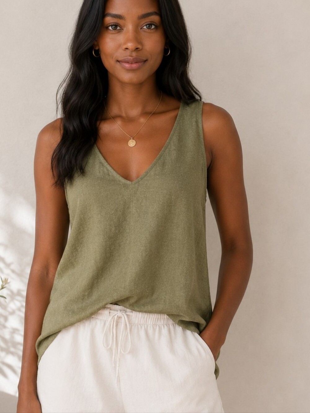CLARA Olive Green V-neck Linen Tank Top Minimalist Summer Casual Women's XL NWT